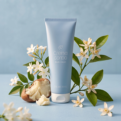 immagine del tubo crema corpo azzurro pastello, su sfondo azzurro con attorno dei fiori